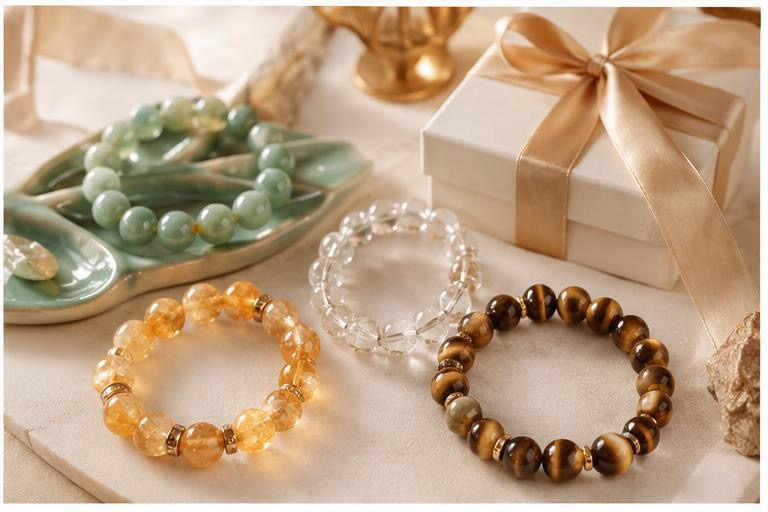 crystal bracelet gift guide, jade citrine clear quartz tiger eye beads on neutral table, warm refined ecommerce editorial photograph, no text