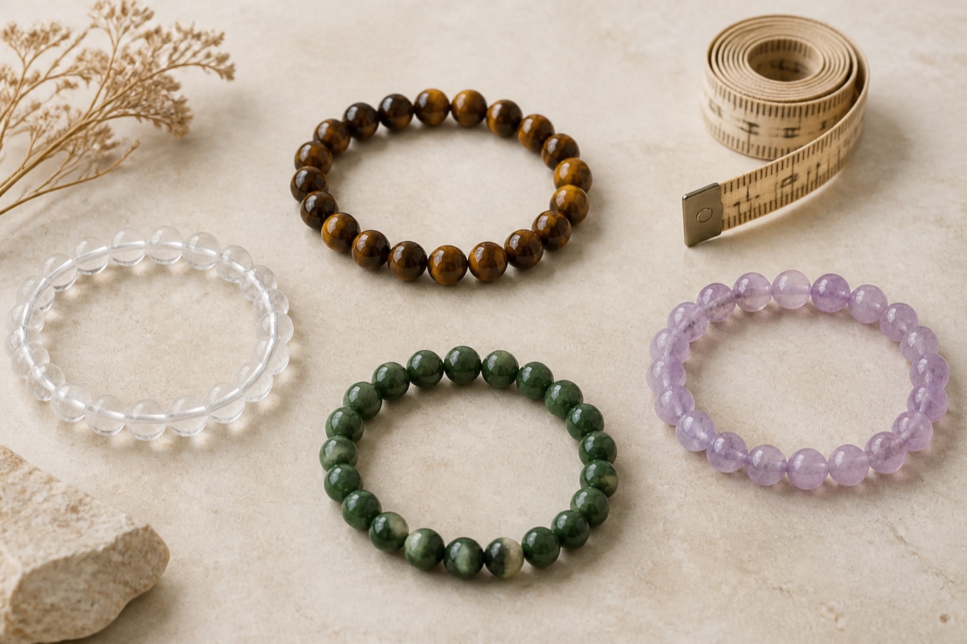 Illustration éditoriale de bracelets en perles avec ruban de mesure, distincte du produit Amazon