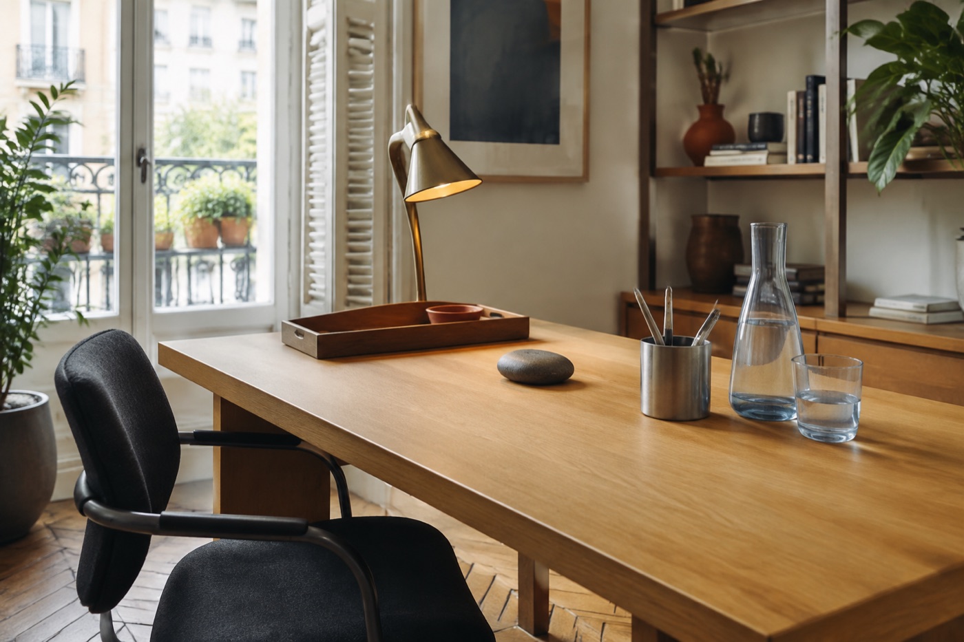 Warm, uncluttered desk with a lamp, tray, plant, and natural materials